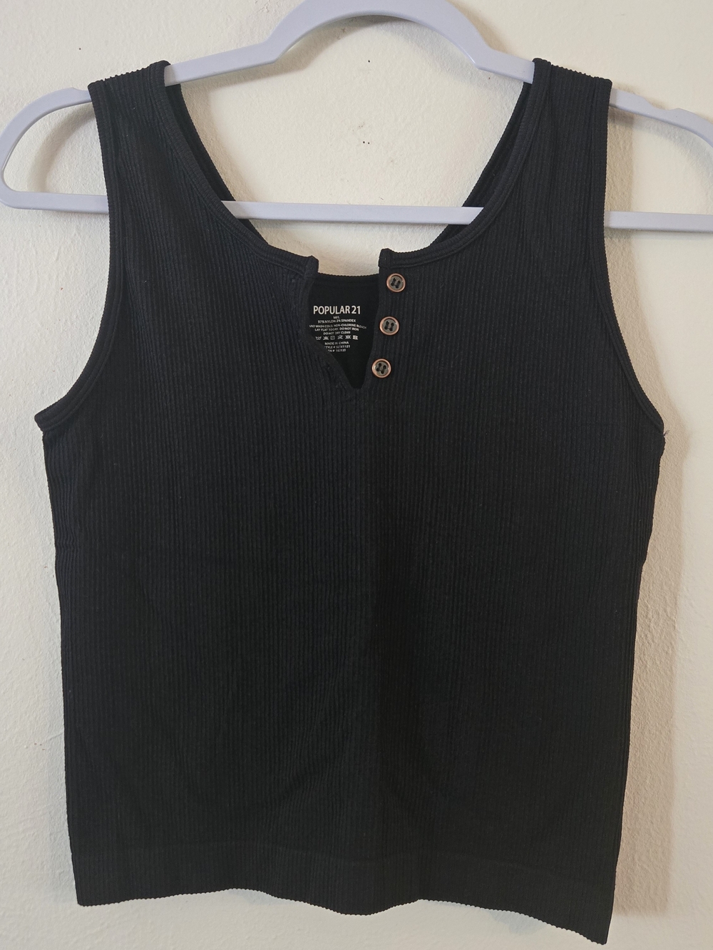 Popular 21 Black Ribbed Tank with Button Accents